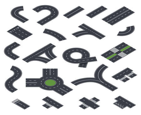 Isometric road collection. Construction, roads street and pavement. Asphalt highway in perspective, urban city map way exact vector elementsのイラスト素材