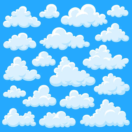White cartoon clouds. Fluffy cloud, overcast elements fly on blue sky. Smoke shapes, summer heaven or game weather garish vector objectsのイラスト素材