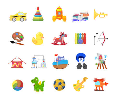 Kindergarten children toys. Baby plastic toy, cartoon toddler drum. Kid car and ball, cute dinosaur and horse. Isolated play elements decent vector setのイラスト素材