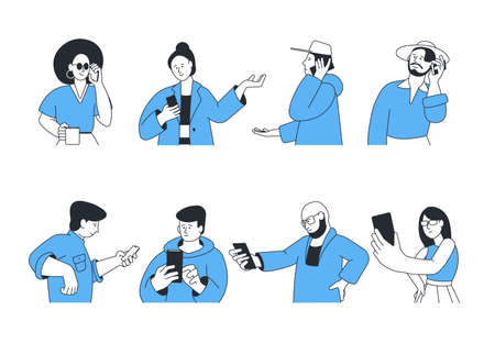 People using smartphones. Communication, person talking on mobile. Send message, call family or friends. Teens and adults with phone recent vector setのイラスト素材