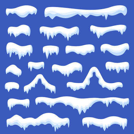 Snow caps collection. Frozen winter cap, snowy ice decor. Isolated winter roof snowcap with icicles, cartoon white christmas garish vector setのイラスト素材