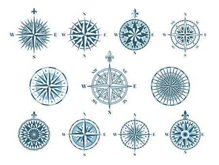 Vintage compass. Wind rose icons, map cartography elements. Geographic and discovery, travel forest adventures equipment. Nautical logo tidy vector setのイラスト素材