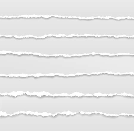 Torn page borders. Ripped edges paper banner, header design. Tear of sheets, rough grunge texture stripes. Horizontal scrapbook exact vector elementsのイラスト素材
