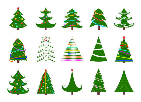 Christmas tree flat icons. New year trees, xmas star and tradition decorations. Cartoon winter holiday graphic elements, exact seasonal vector symbolsのイラスト素材