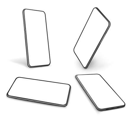 Realistic smartphone mockup. Isolated tech, mobile phone in perspective. Smart mobiles different angle, blank screen exact vector 3d templateのイラスト素材