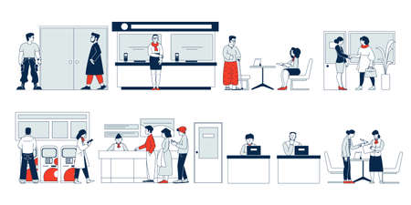Bank clients service. Flat banking client, security and reception desk. People in office, financial consulting. Professional consultant recent vector setのイラスト素材