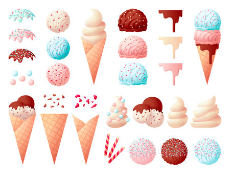 Tasty ice cream elements. Dessert constructor, candies and creamy balls. Waffle cones, liquid jam and chocolate. Isolated sweets swanky vector setのイラスト素材