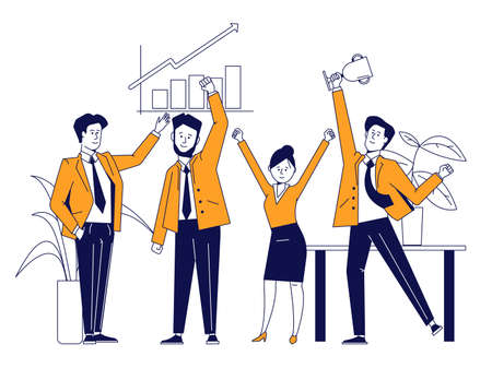 Business team with trophy. Success winning group, corporate win with award. Happy employee, office people and prize recent vector conceptのイラスト素材