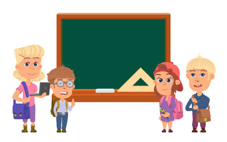 School kids at chalkboard. Happy cute children, student near blackboard. Education background, smart teens with books and laptop decent vector sceneのイラスト素材