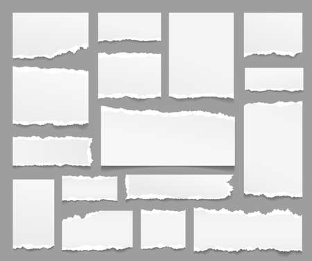 Torn paper sheets. Ripped papers strips, isolated piece note sheet with rip edge. Scrapbooking elements, grey empty notepad pages exact vector setのイラスト素材