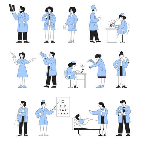 Line doctor characters. Medical team, doctors and nurse. Hospital workers group, isolated nursing and lab scientist. Healthcare recent vector setのイラスト素材
