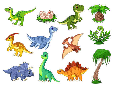Cartoon dinosaurs. Cute dino, dinosaur and palm. Color wildlife characters, prehistoric predator. Funny baby animals garish vector collectionのイラスト素材
