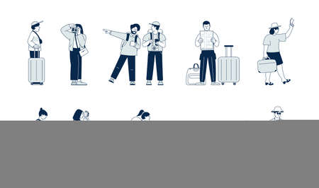 Touristic characters set. Travel man, travelling people with luggage. Young hipster, tour group. Vacation man woman with suitcase recent vector collectionのイラスト素材