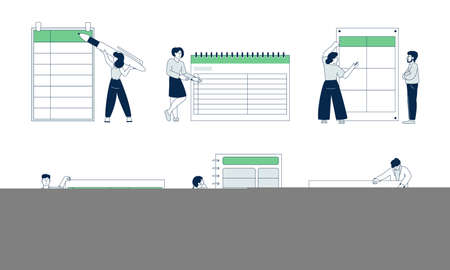 People with planners. Business planner blank template, woman and task board. Managers work strategy, agenda discussion recent vector scenesのイラスト素材