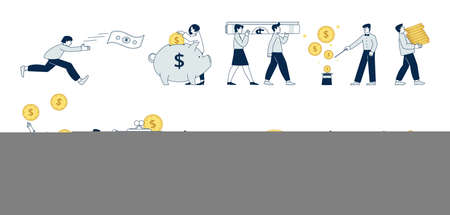 People with money. Earn and profit, man collect cash. Economy business, woman hold coins. Payment and fund, financial recent vector charactersのイラスト素材