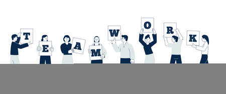 Teamwork together. Team art project, people collaborate. Business start up work team, workers communications. Office staff recent vector charactersのイラスト素材