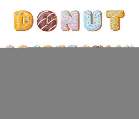 Donut font. Sweet food letters, glazed donuts alphabet. Cake or biscuits with sugar sprinkle, creative typography for kids or party decent vector setのイラスト素材