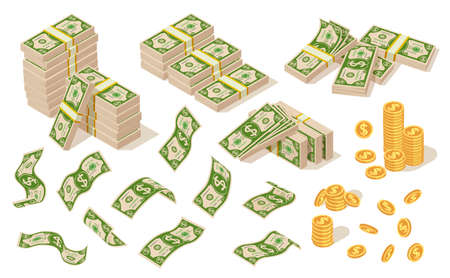 Isolated cartoon money cash. Dollars bundle, financial dollar bills. American currency, flying green banknotes. Prosperity wealth exact vector setのイラスト素材