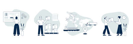 Online shopping and delivery. Logistic service, track order. Woman buy goods in app, e commerce...