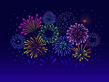 Color fireworks banner. Firework decoration, abstract red green yellow blue pyrotechnics show. Winter holiday, new year party tidy vector backgroundのイラスト素材