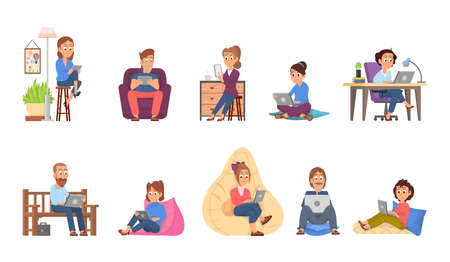 People working from home. House office, remote business characters. Freelancer, man woman with computer, laptop and smartphone decent vector setのイラスト素材