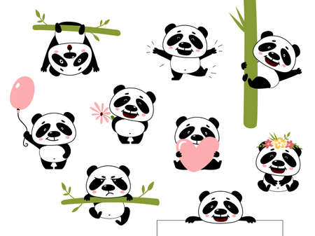 Cartoon cute panda. Baby pandas, asian bear with bamboo. Wild funny animal, diverse pose characters. Isolated kawaii kid classy vector sticker elementsのイラスト素材