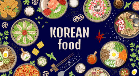 Korean dinner background. Closeup traditional asian meal, top view barbecue food. Buffet korea dish, oriental cuisine swanky vector posterのイラスト素材