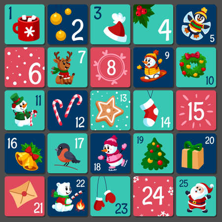 Advent calendar. Gifts numbers, cute holiday card windows. Christmas kids creative presents, xmas decoration prints. December childish countdown garish vector playのイラスト素材
