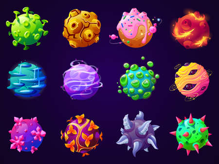 Cartoon fantastic planets. Colorful planet, space cool fantasy. Game design world, comic universe or galaxy elements. Magic tale garish vector objectsのイラスト素材