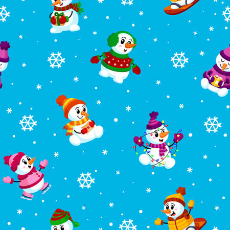 Christmas snowman pattern. Winter holidays, snowflakes and cute characters. Xmas wrapping paper print, happy new year garish vector seamless textureのイラスト素材