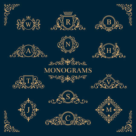 Decorative logo monogram. Floral retro monograms, elegant royal crown elements. Heraldry decoration, luxury ornaments and frames tidy vector setのイラスト素材
