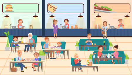 Food court. Restaurants, coffee buffet. People eat snacks at table. Service in shopping mall, take away food or canteen. Person eating and work decent vector sceneのイラスト素材