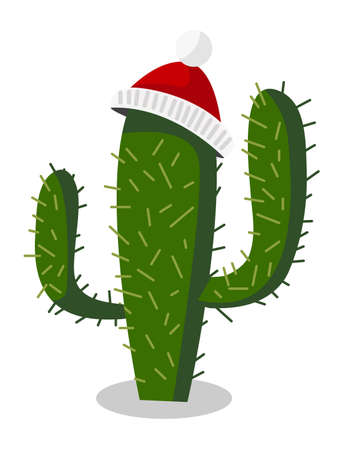 Cactus in winter hat. Christmas succulent in cartoon styleのイラスト素材