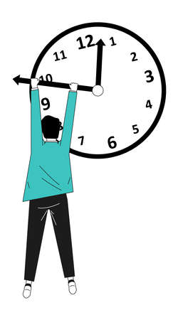 Man trying stop time. Boy holding clock arrowのイラスト素材