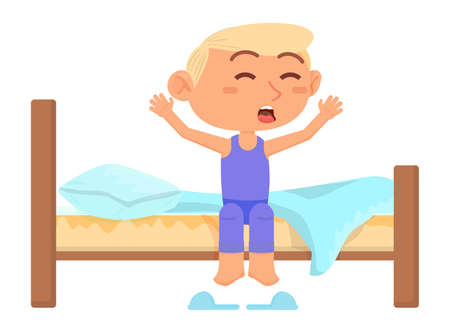 Kid wake up in morning. New day beginning. Awakening coonceptのイラスト素材