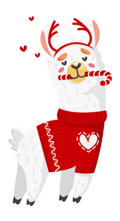 Cute llama with christmas candy cane. Cartoon alpaca in heartsのイラスト素材