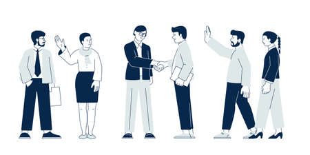 Business team agreement concept. Professional discussing, cooperative work. Teamwork, partnership company. Handshake in recent vector sceneのイラスト素材