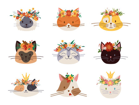 Cat in flower crown. Cute cats heads, isolated cartoon animals. Girl stickers, princesse kitten. Doodle floral wreath, pets classy vector avatarsのイラスト素材