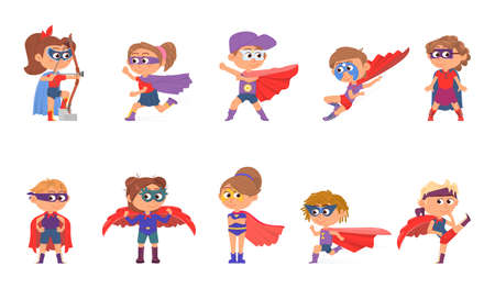 Superhero kids. Superheroes in cape, children group jumping and flying. Cartoon heroes, girl wear mask and costume decent vector charactersのイラスト素材
