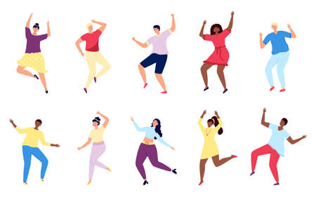Happy dancing characters. Excitement girl and boy dance, isolated active flat people. Entertainment, party or festival, fun friends utter vector setのイラスト素材