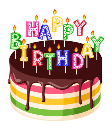 Happy birthday cake. Layered cream dessert with dripping chocolate frostingのイラスト素材