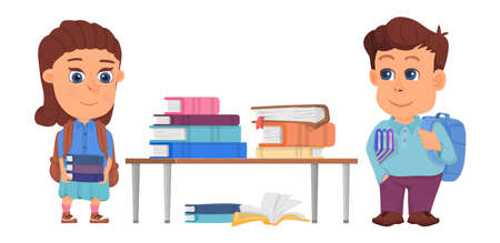Kids staying at school desk with books. Studying conceptのイラスト素材