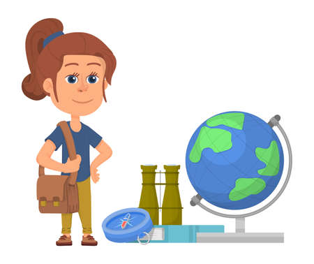 Girl studying geography concept. Child with navigation toolsのイラスト素材
