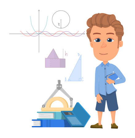 Boy learning math. Geometry studying concept, Cartoon kid studentのイラスト素材