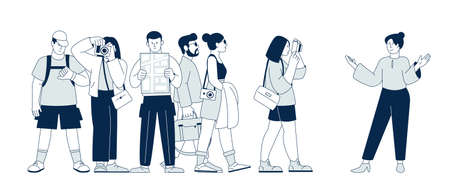 Tour guide. Tourism concept, happy tourists sightseeing city. Isolated touristic group, travel or visit trip. Vacation journey recent vector sceneのイラスト素材