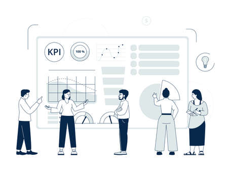 Kpi concept. Data app project, digital analysis of work progress. Dashboard simple solution, teamwork or collaboration. Financial recent vector sceneのイラスト素材