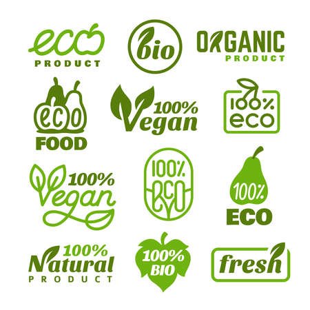 Bio labels set. Eco fresh tag with leaf, organic badges. Nature food emblems, ecology promotion products stickers. Green tidy vector symbolsのイラスト素材