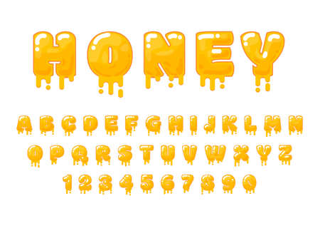 Honey letters. Yummy liquid font, melting numbers. Sweet delicious alphabet, jelly syrup or melted caramel typography decent vector elementsのイラスト素材
