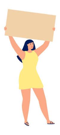 Woman holding empty banner. Female in yellow dress with blank placardのイラスト素材