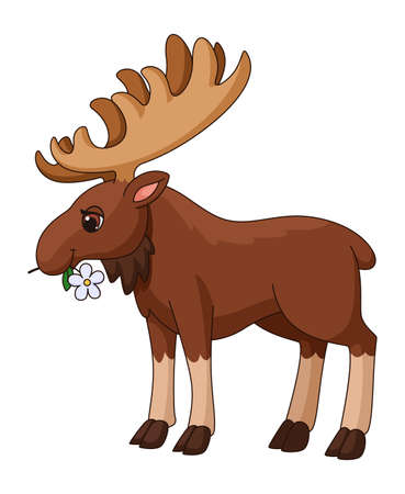 Moose holding white flower. Cute cartoon animal with big hornsのイラスト素材